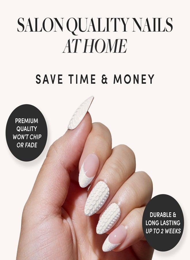 Glamnetic Press On Nails - Sweater Weather | Short Almond Fake Nails with White Glitter French Tips & 3D Designs in a Glossy Finish, Salon Quality Winter Nails | 15 Sizes - 30 Nail Kit with Glue - Image 2